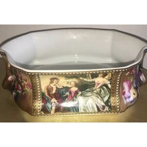 Vintage LIMOGES FRANCE PEINT A LA MAIN flowers ladies courting couple bowl 8"